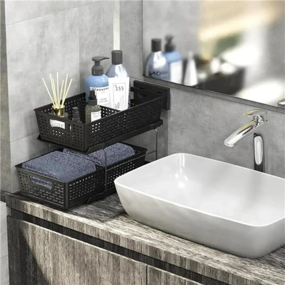 Simple Houseware 2 Tier Bathroom Organizer Tray Pull-Out Sliding Storage Black